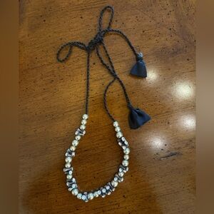J.Crew  Elegant Black Cord with Grey Pearls and Crystal Necklace